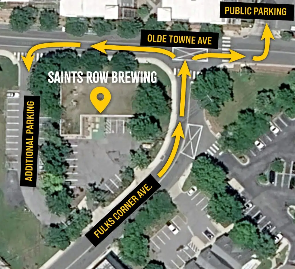 Map showing the directions and location of parking lots near Saints Row