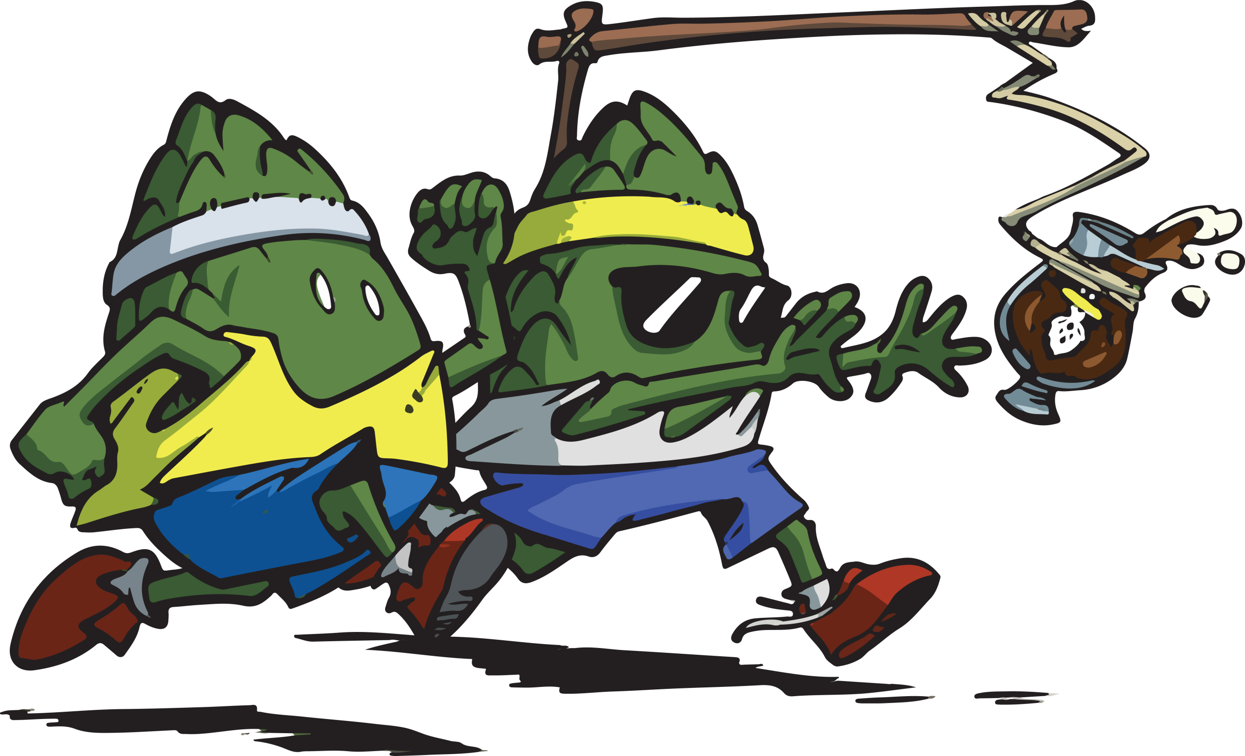 Two hop cartoons running after a beer.
